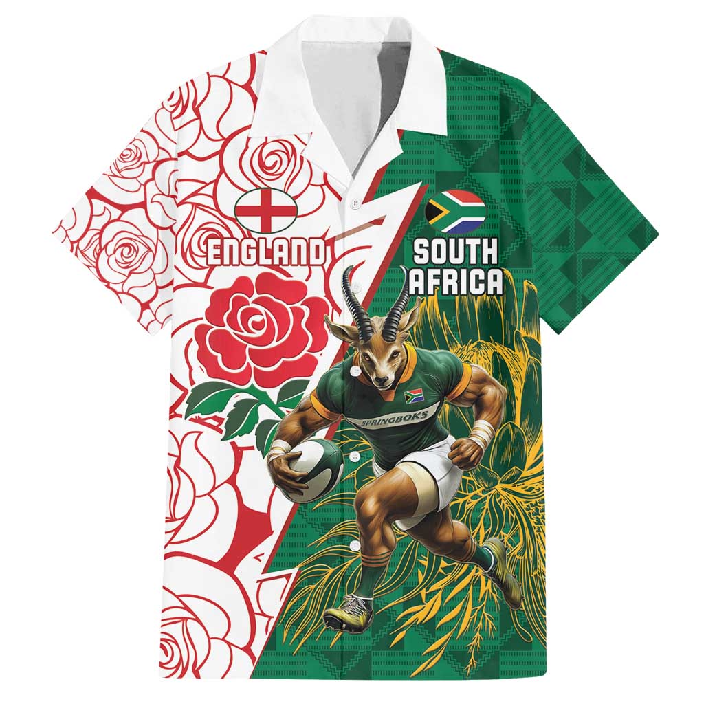 Personalized South Africa and England Rugby Family Matching Long Sleeve Bodycon Dress and Hawaiian Shirt Springboks Mascot With Red Rose