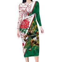 Personalized South Africa and England Rugby Family Matching Long Sleeve Bodycon Dress and Hawaiian Shirt Springboks Mascot With Red Rose