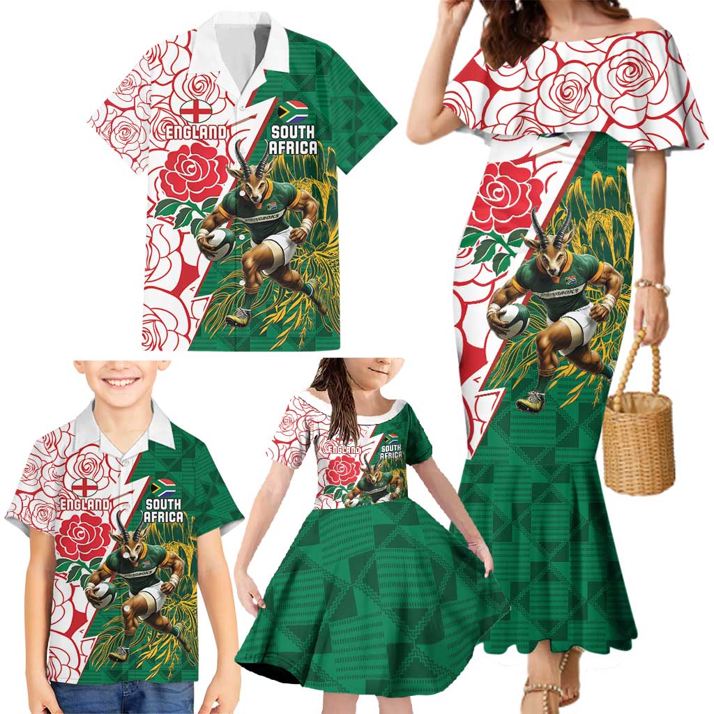 Personalized South Africa and England Rugby Family Matching Mermaid Dress and Hawaiian Shirt Springboks Mascot With Red Rose