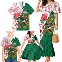 Personalized South Africa and England Rugby Family Matching Mermaid Dress and Hawaiian Shirt Springboks Mascot With Red Rose