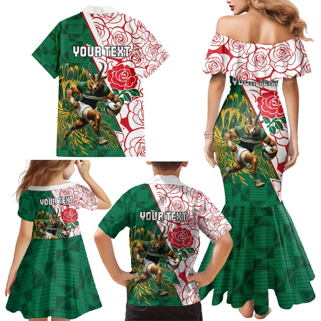 Personalized South Africa and England Rugby Family Matching Mermaid Dress and Hawaiian Shirt Springboks Mascot With Red Rose
