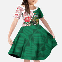 Personalized South Africa and England Rugby Family Matching Off The Shoulder Long Sleeve Dress and Hawaiian Shirt Springboks Mascot With Red Rose