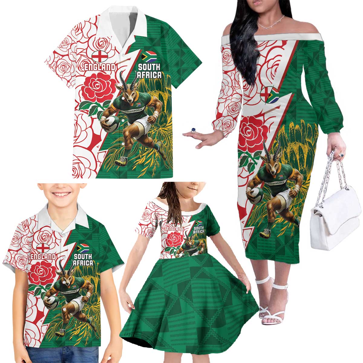 Personalized South Africa and England Rugby Family Matching Off The Shoulder Long Sleeve Dress and Hawaiian Shirt Springboks Mascot With Red Rose