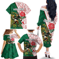 Personalized South Africa and England Rugby Family Matching Off The Shoulder Long Sleeve Dress and Hawaiian Shirt Springboks Mascot With Red Rose