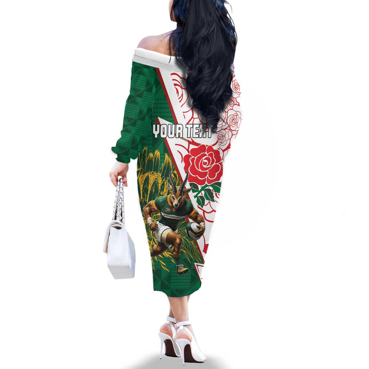 Personalized South Africa and England Rugby Family Matching Off The Shoulder Long Sleeve Dress and Hawaiian Shirt Springboks Mascot With Red Rose