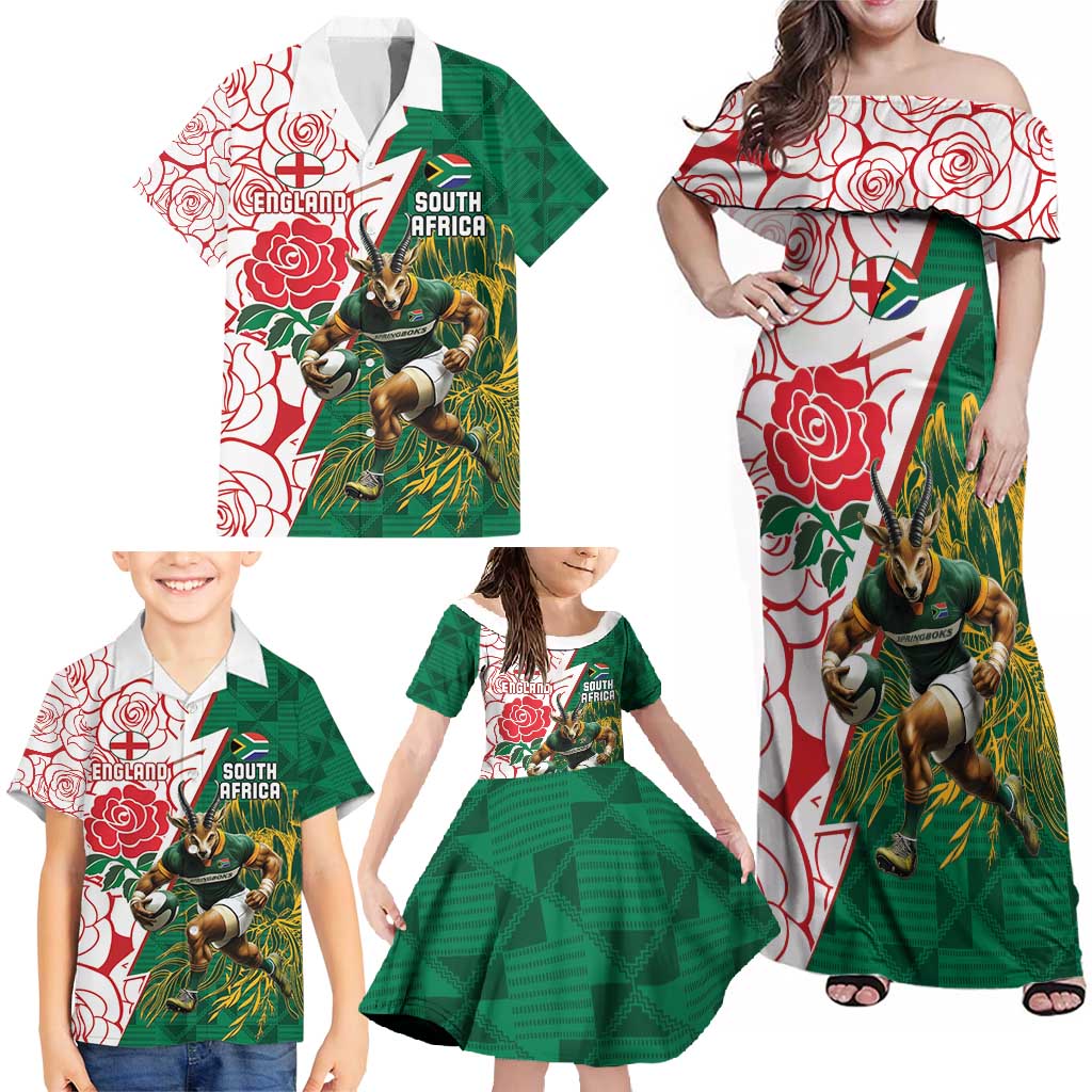 Personalized South Africa and England Rugby Family Matching Off Shoulder Maxi Dress and Hawaiian Shirt Springboks Mascot With Red Rose