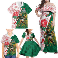 Personalized South Africa and England Rugby Family Matching Off Shoulder Maxi Dress and Hawaiian Shirt Springboks Mascot With Red Rose