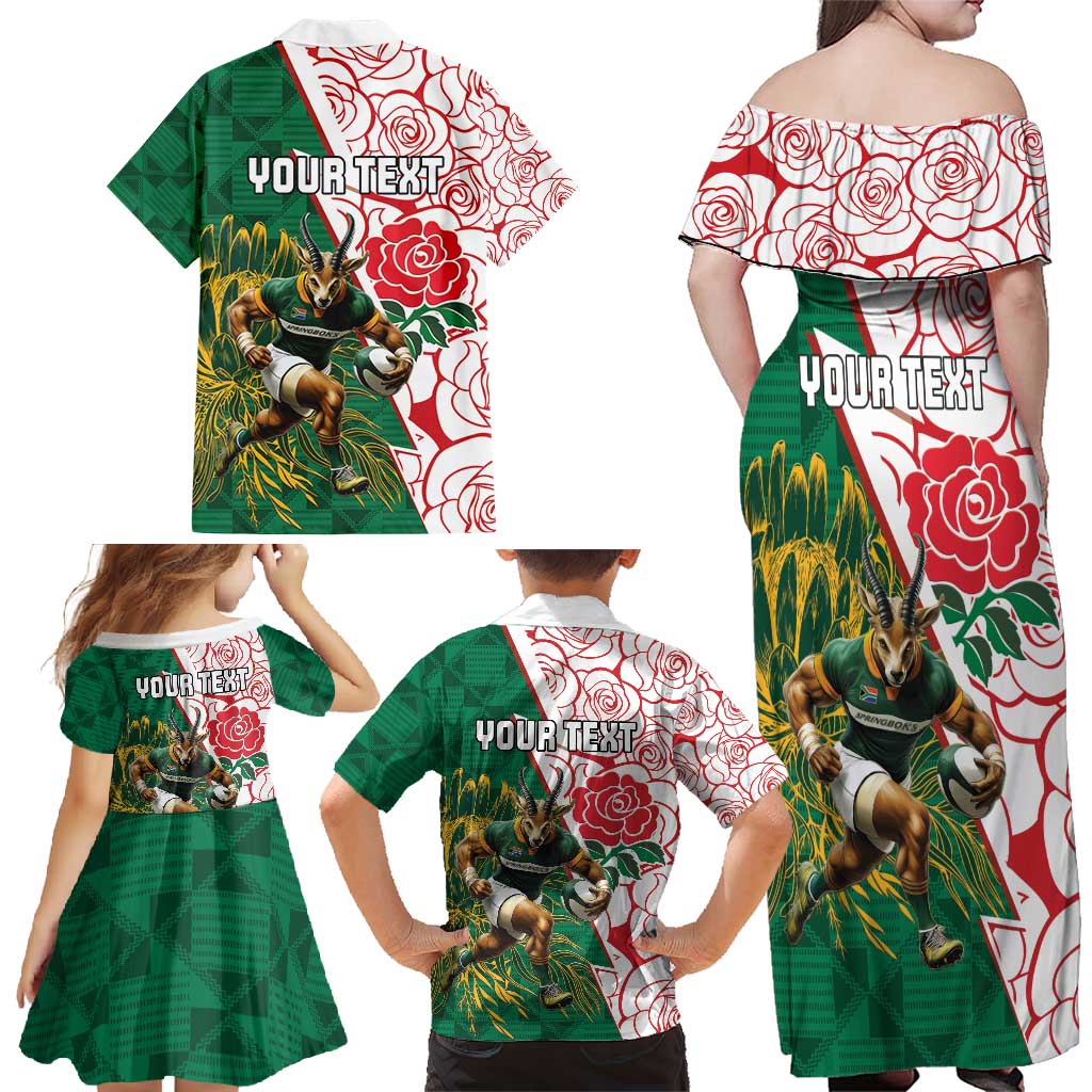 Personalized South Africa and England Rugby Family Matching Off Shoulder Maxi Dress and Hawaiian Shirt Springboks Mascot With Red Rose