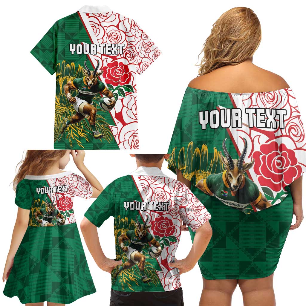 Personalized South Africa and England Rugby Family Matching Off Shoulder Short Dress and Hawaiian Shirt Springboks Mascot With Red Rose