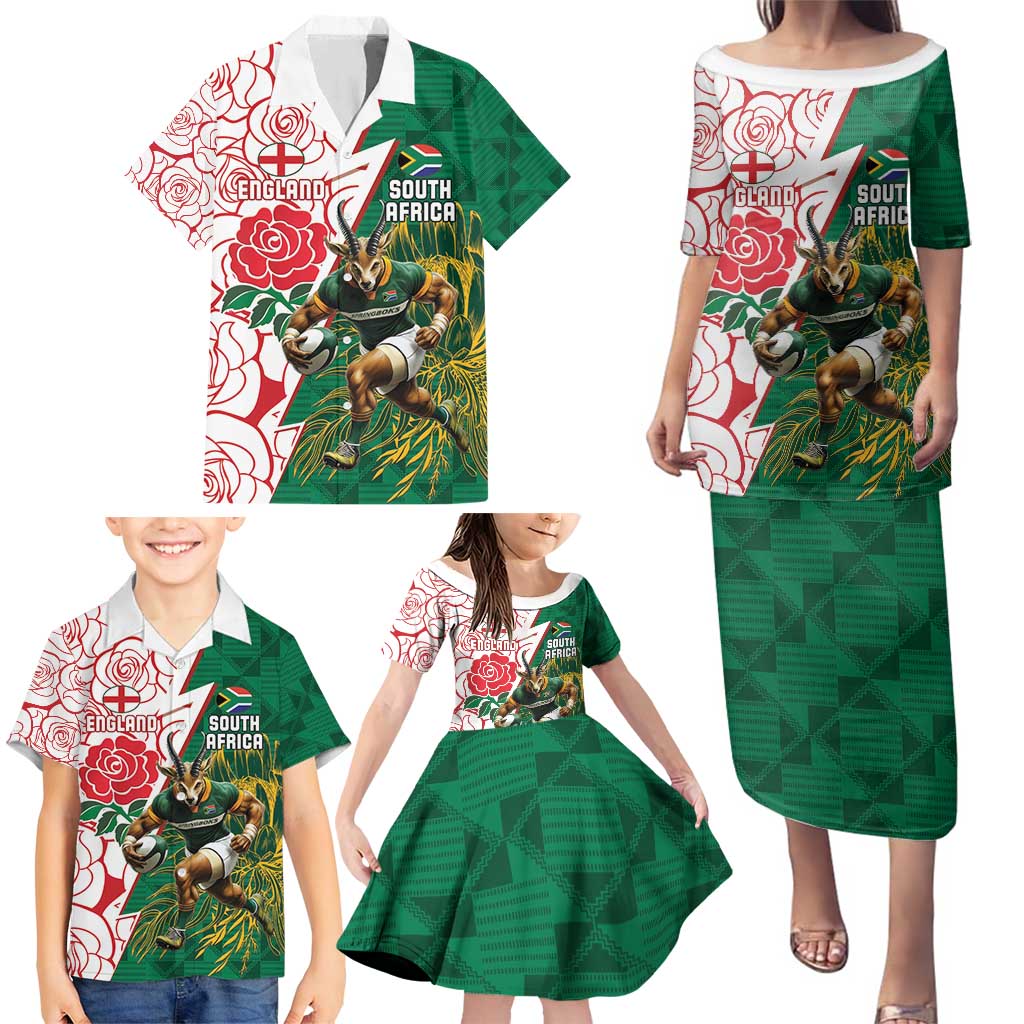 Personalized South Africa and England Rugby Family Matching Puletasi and Hawaiian Shirt Springboks Mascot With Red Rose