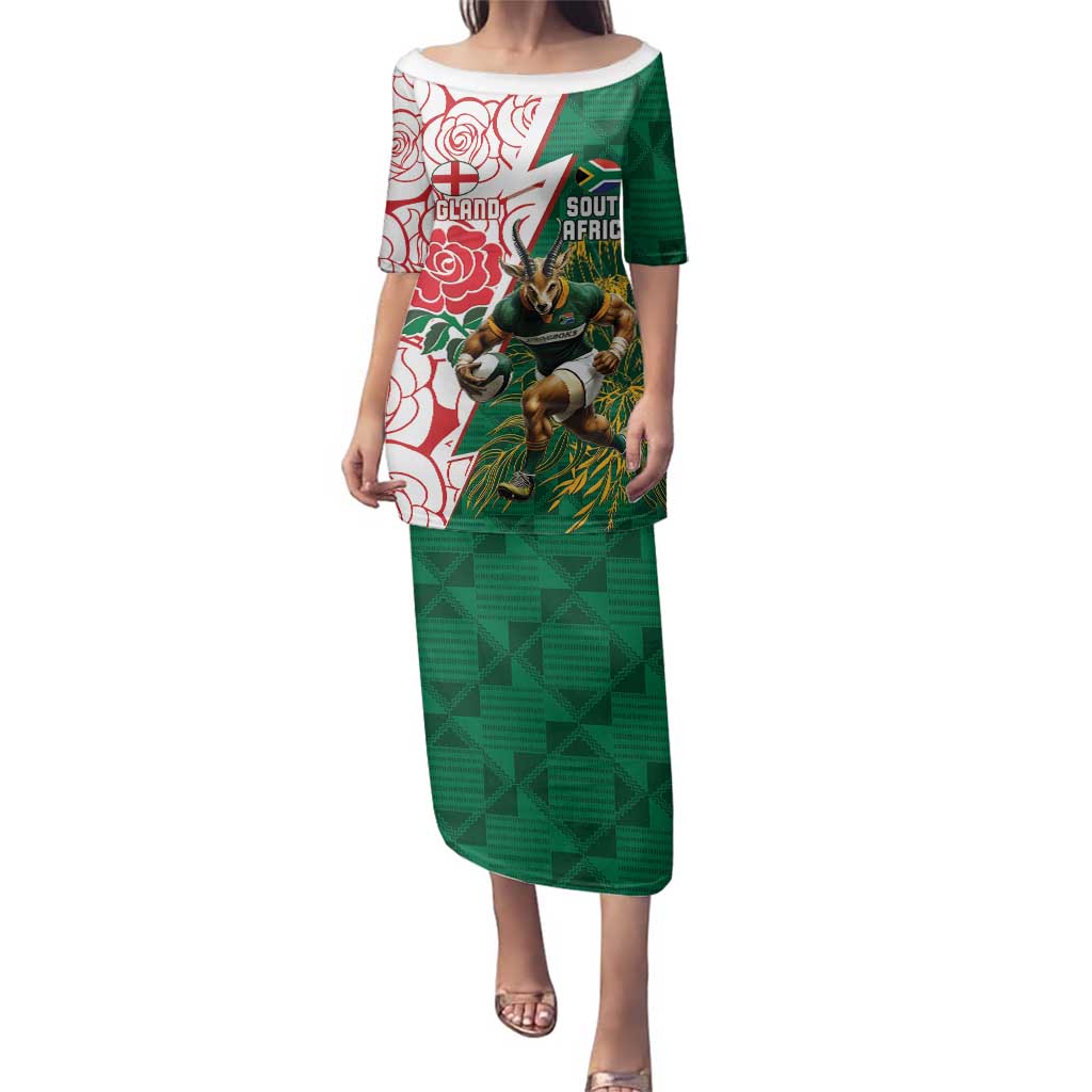 Personalized South Africa and England Rugby Family Matching Puletasi and Hawaiian Shirt Springboks Mascot With Red Rose