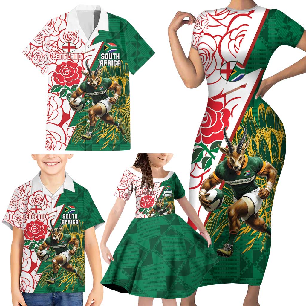 Personalized South Africa and England Rugby Family Matching Short Sleeve Bodycon Dress and Hawaiian Shirt Springboks Mascot With Red Rose