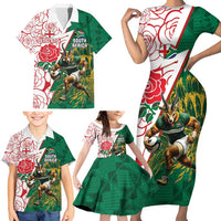Personalized South Africa and England Rugby Family Matching Short Sleeve Bodycon Dress and Hawaiian Shirt Springboks Mascot With Red Rose