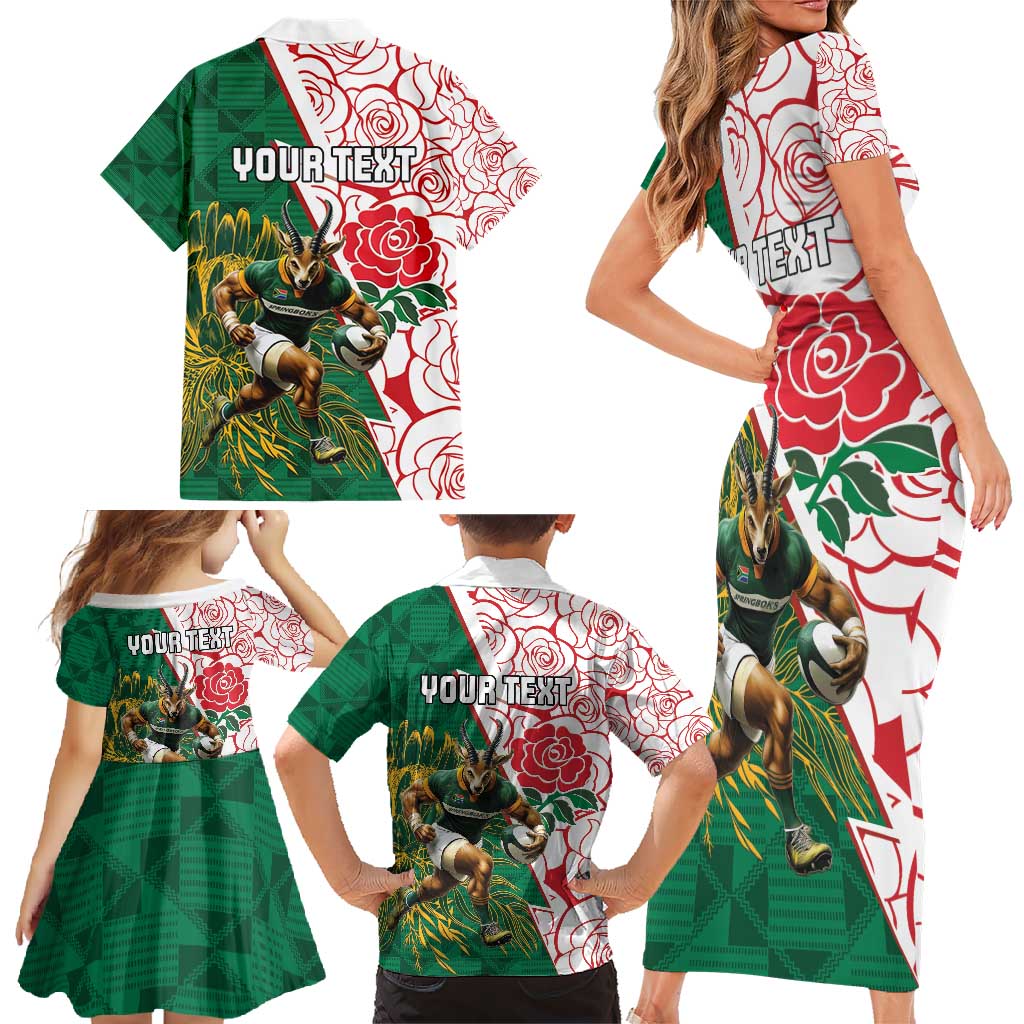 Personalized South Africa and England Rugby Family Matching Short Sleeve Bodycon Dress and Hawaiian Shirt Springboks Mascot With Red Rose