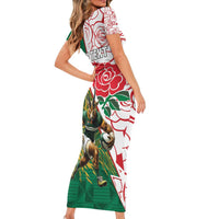 Personalized South Africa and England Rugby Family Matching Short Sleeve Bodycon Dress and Hawaiian Shirt Springboks Mascot With Red Rose