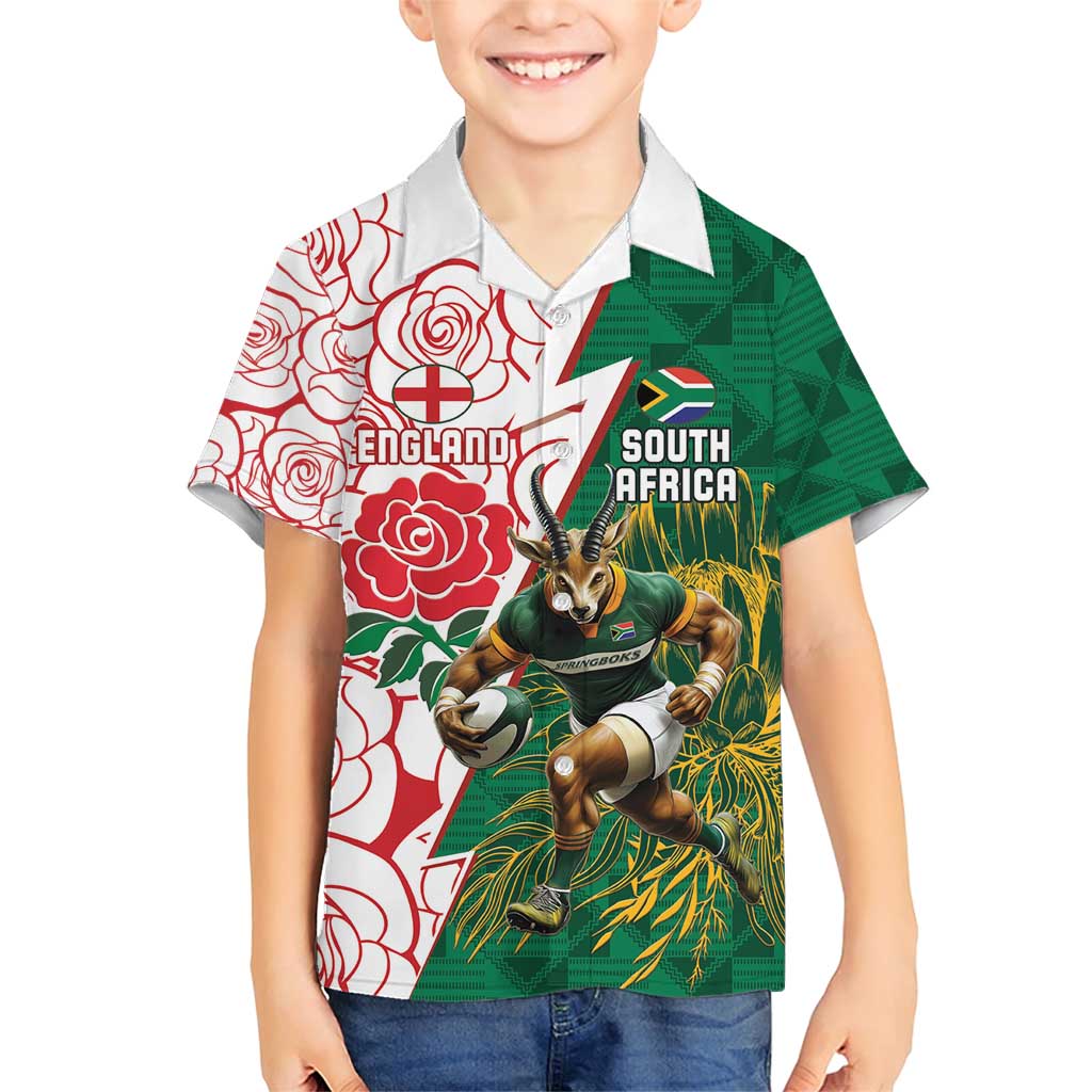 Personalized South Africa and England Rugby Family Matching Short Sleeve Bodycon Dress and Hawaiian Shirt Springboks Mascot With Red Rose