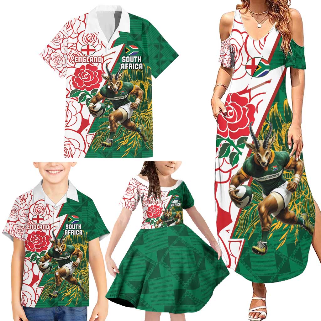 Personalized South Africa and England Rugby Family Matching Summer Maxi Dress and Hawaiian Shirt Springboks Mascot With Red Rose