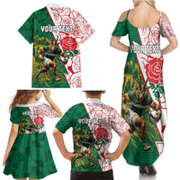 Personalized South Africa and England Rugby Family Matching Summer Maxi Dress and Hawaiian Shirt Springboks Mascot With Red Rose