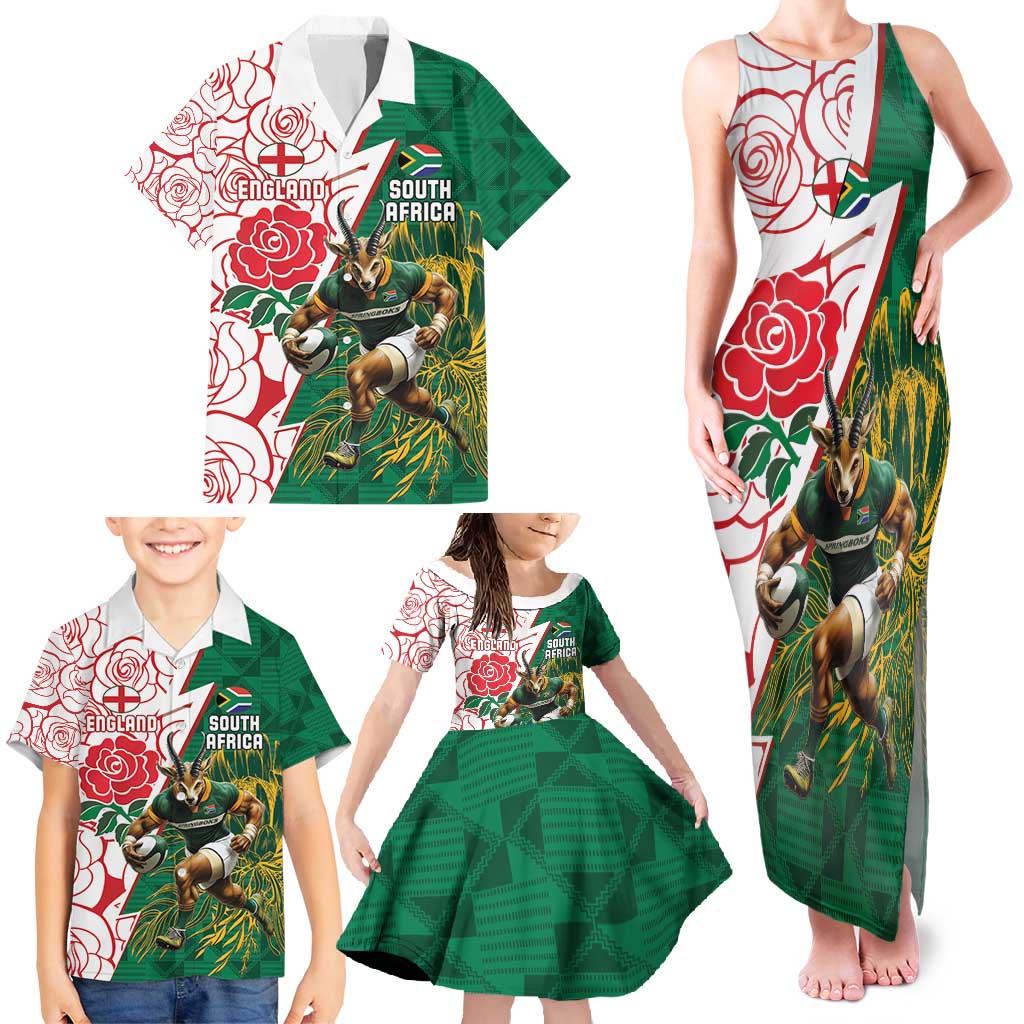 Personalized South Africa and England Rugby Family Matching Tank Maxi Dress and Hawaiian Shirt Springboks Mascot With Red Rose