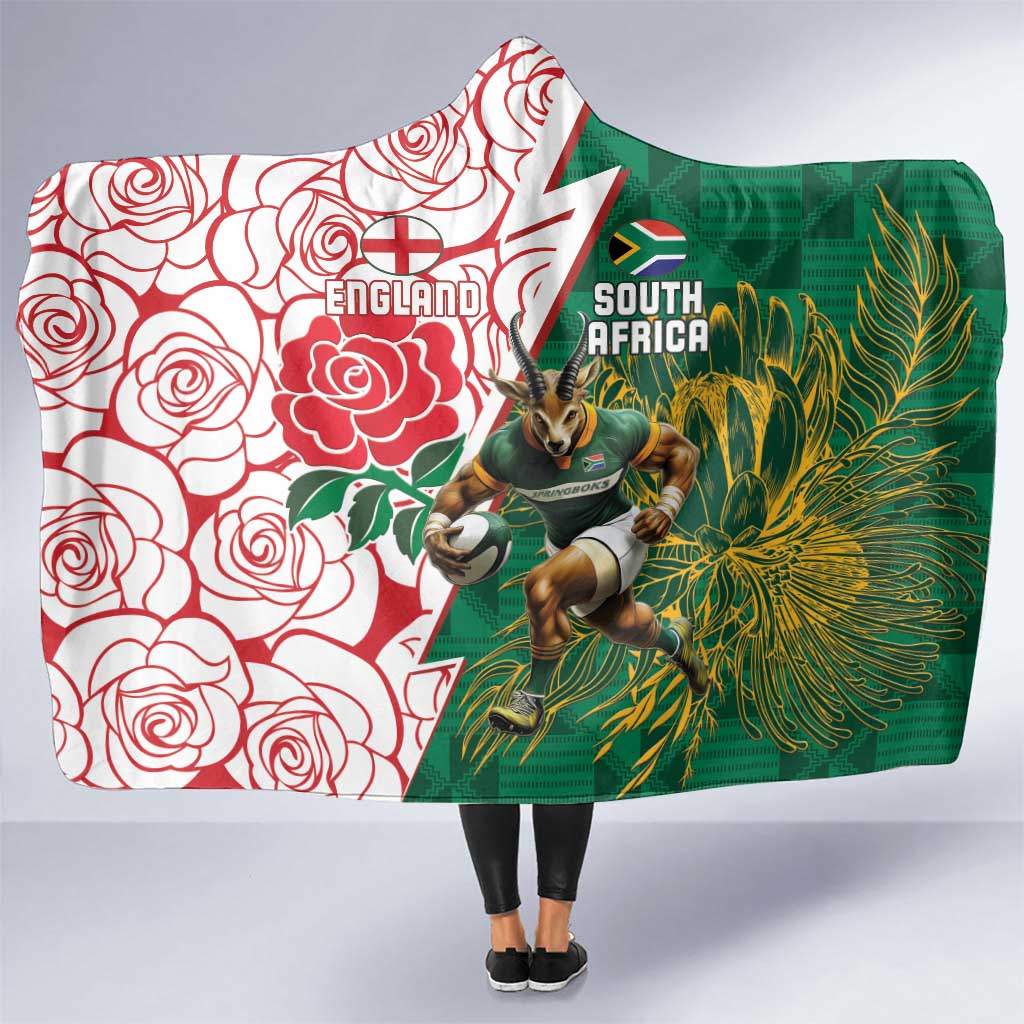 South Africa and England Rugby Hooded Blanket Springboks Mascot With Red Rose