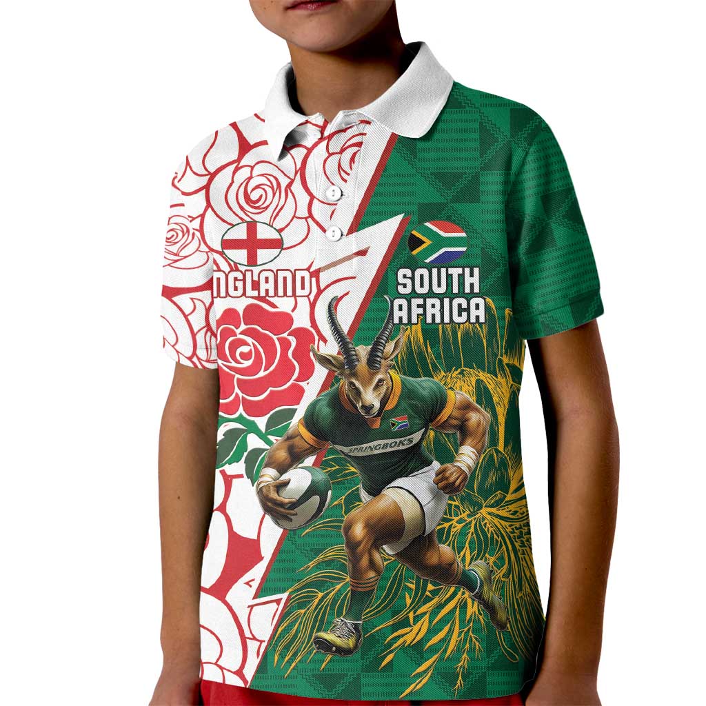 Personalized South Africa and England Rugby Kid Polo Shirt Springboks Mascot With Red Rose