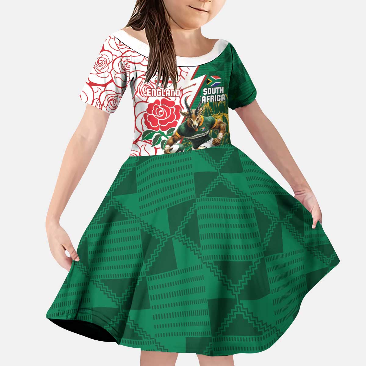 Personalized South Africa and England Rugby Kid Short Sleeve Dress Springboks Mascot With Red Rose