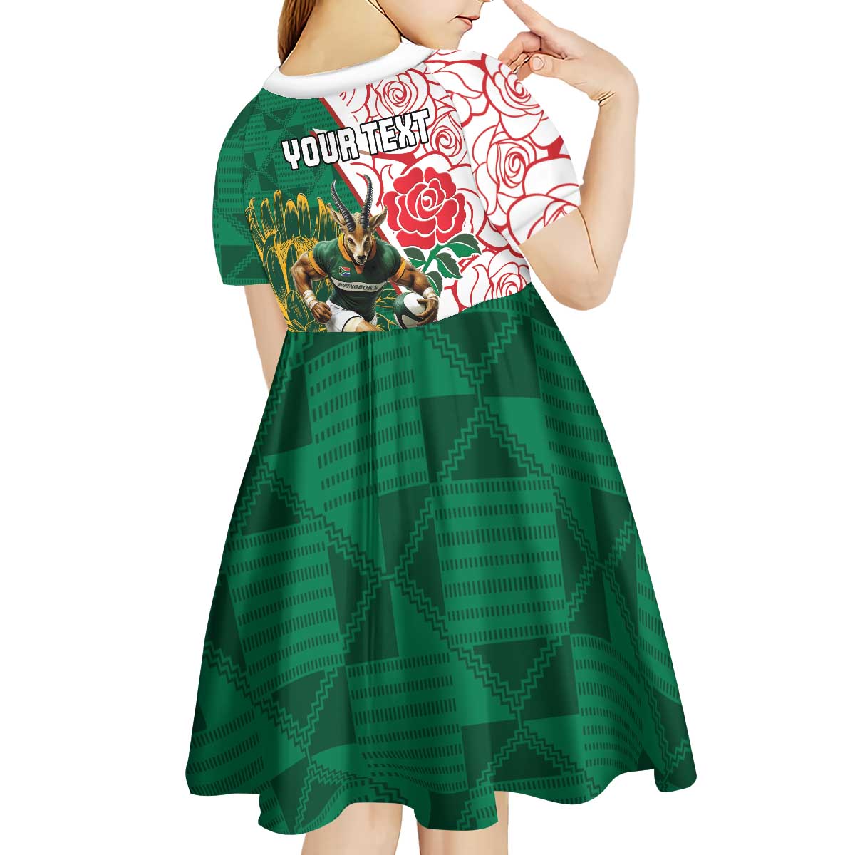 Personalized South Africa and England Rugby Kid Short Sleeve Dress Springboks Mascot With Red Rose