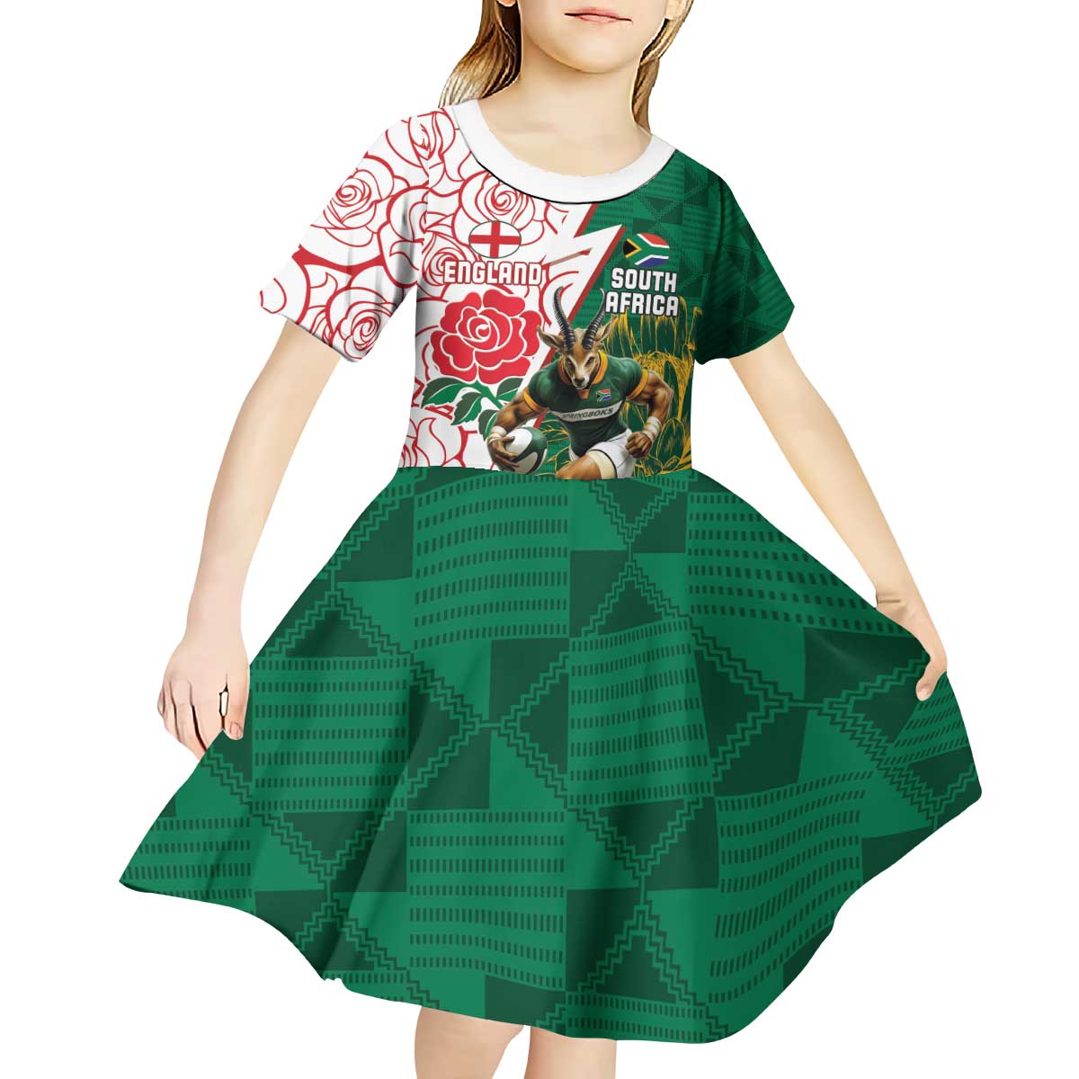 Personalized South Africa and England Rugby Kid Short Sleeve Dress Springboks Mascot With Red Rose