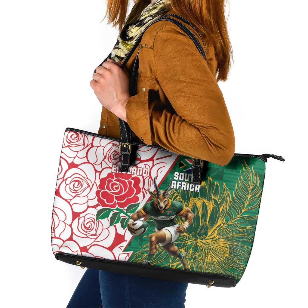 South Africa and England Rugby Leather Tote Bag Springboks Mascot With Red Rose