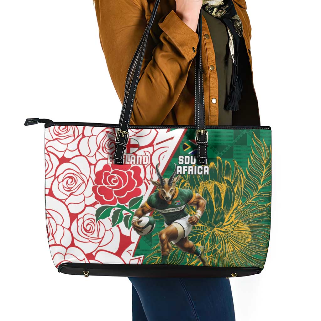 South Africa and England Rugby Leather Tote Bag Springboks Mascot With Red Rose