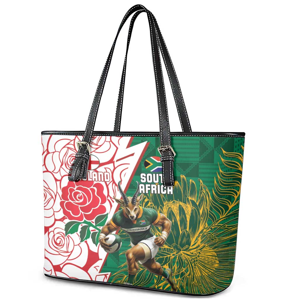 South Africa and England Rugby Leather Tote Bag Springboks Mascot With Red Rose