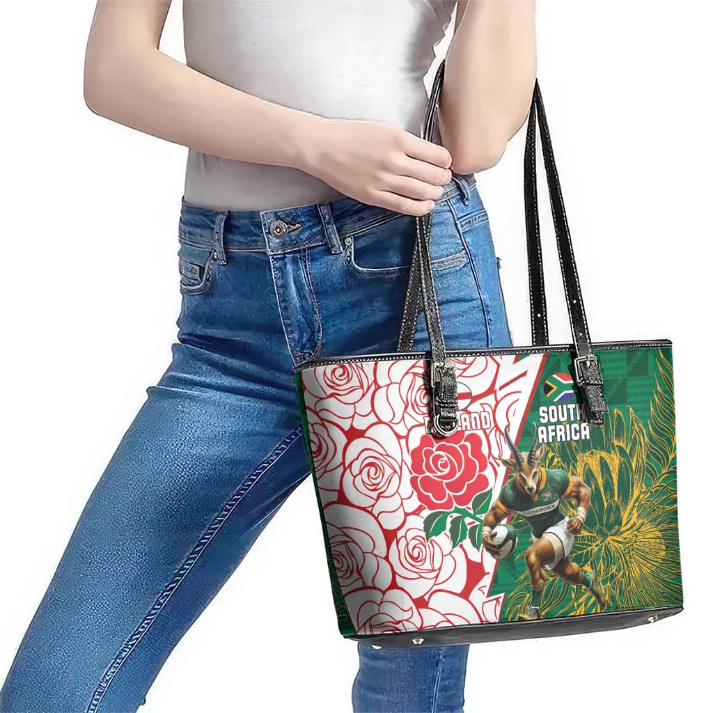 South Africa and England Rugby Leather Tote Bag Springboks Mascot With Red Rose