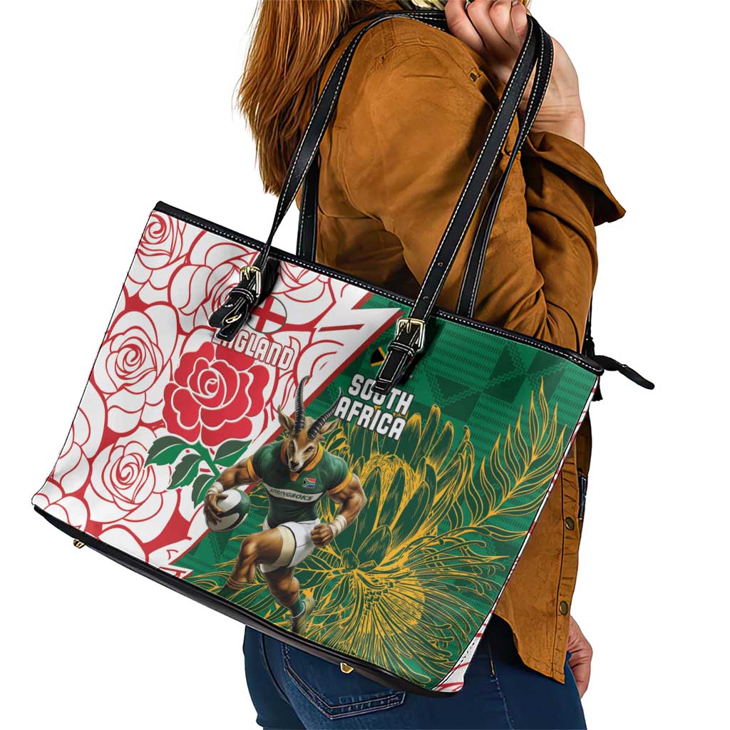 South Africa and England Rugby Leather Tote Bag Springboks Mascot With Red Rose