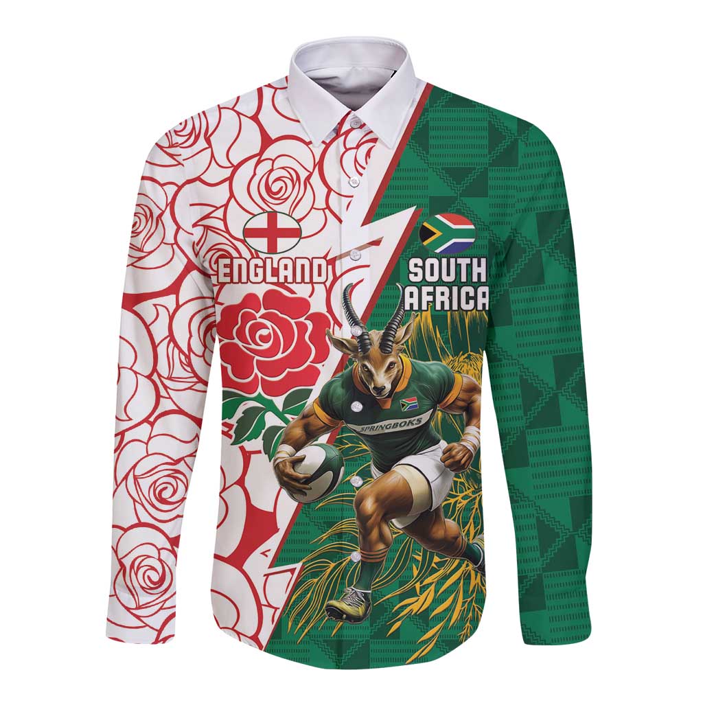 Personalized South Africa and England Rugby Long Sleeve Button Shirt Springboks Mascot With Red Rose