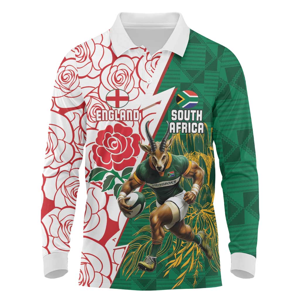 Personalized South Africa and England Rugby Long Sleeve Polo Shirt Springboks Mascot With Red Rose