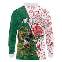 Personalized South Africa and England Rugby Long Sleeve Polo Shirt Springboks Mascot With Red Rose