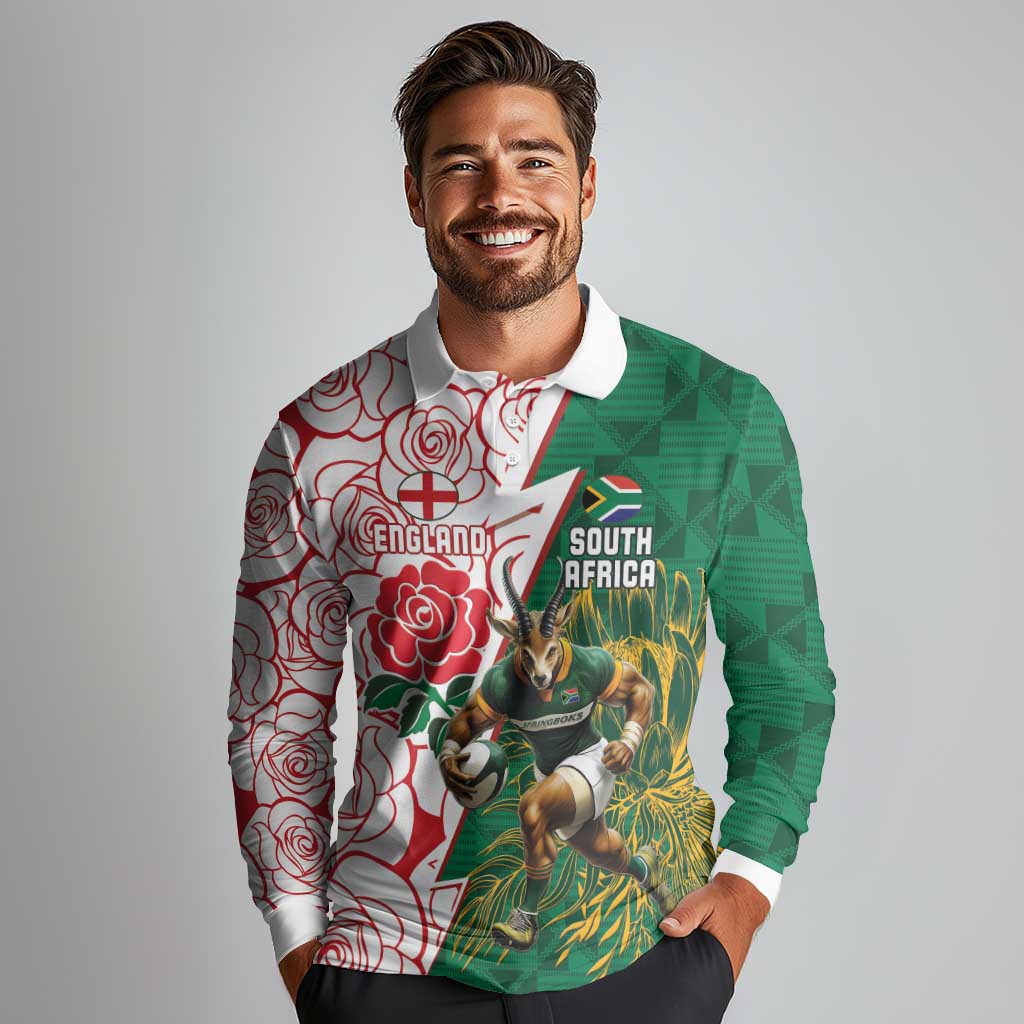 Personalized South Africa and England Rugby Long Sleeve Polo Shirt Springboks Mascot With Red Rose