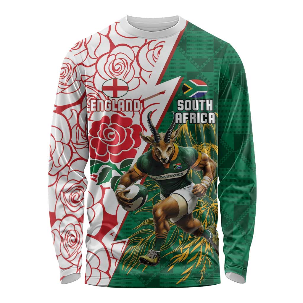 Personalized South Africa and England Rugby Long Sleeve Shirt Springboks Mascot With Red Rose
