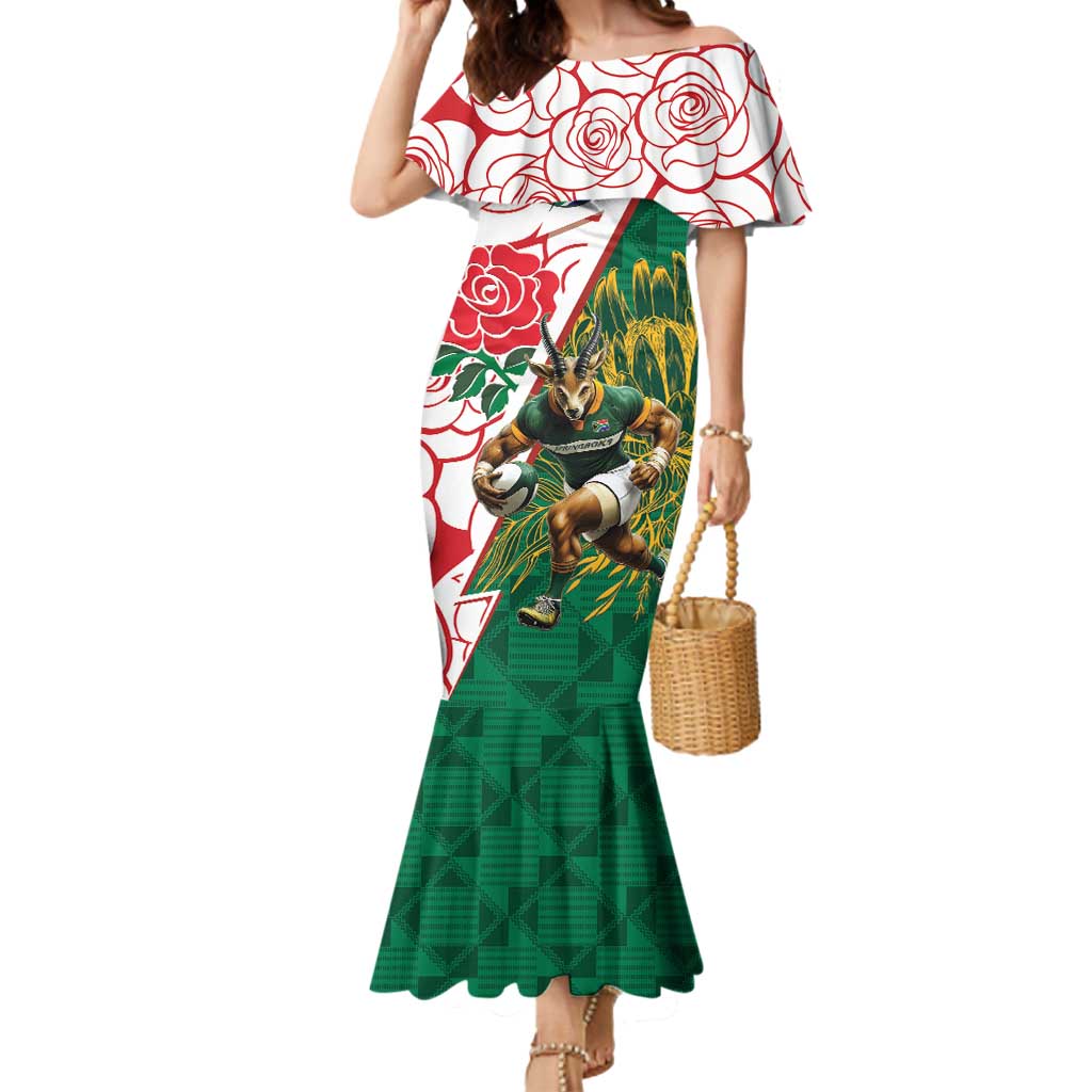 Personalized South Africa and England Rugby Mermaid Dress Springboks Mascot With Red Rose
