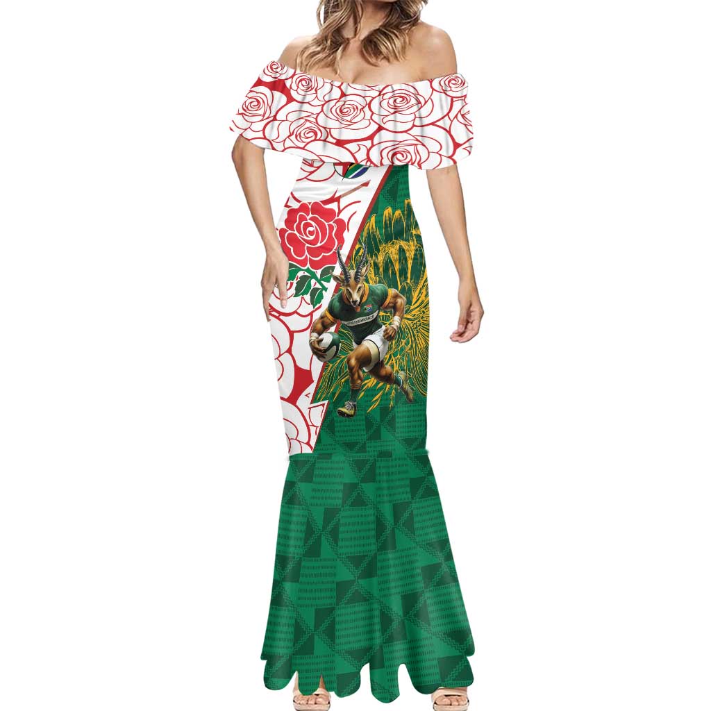Personalized South Africa and England Rugby Mermaid Dress Springboks Mascot With Red Rose