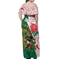 Personalized South Africa and England Rugby Off Shoulder Maxi Dress Springboks Mascot With Red Rose