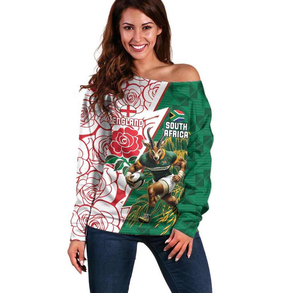 Personalized South Africa and England Rugby Off Shoulder Sweater Springboks Mascot With Red Rose
