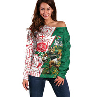 Personalized South Africa and England Rugby Off Shoulder Sweater Springboks Mascot With Red Rose