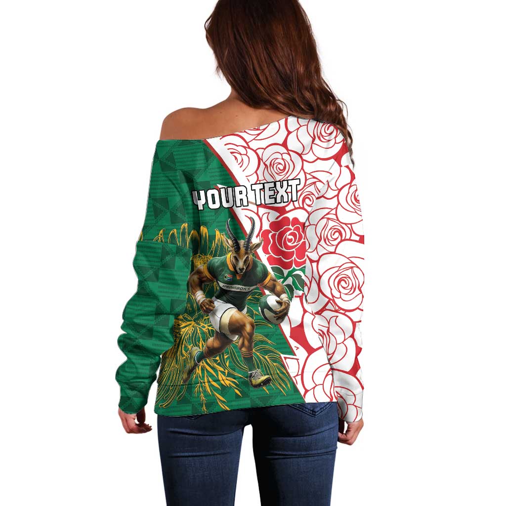 Personalized South Africa and England Rugby Off Shoulder Sweater Springboks Mascot With Red Rose