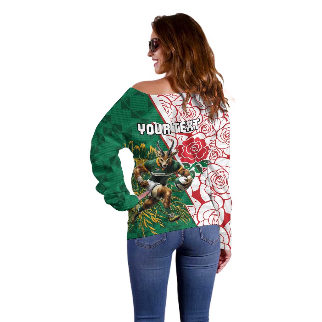 Personalized South Africa and England Rugby Off Shoulder Sweater Springboks Mascot With Red Rose