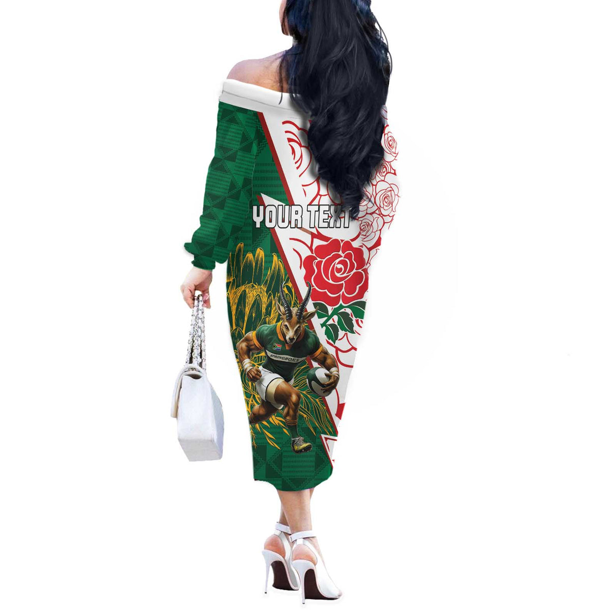 Personalized South Africa and England Rugby Off The Shoulder Long Sleeve Dress Springboks Mascot With Red Rose