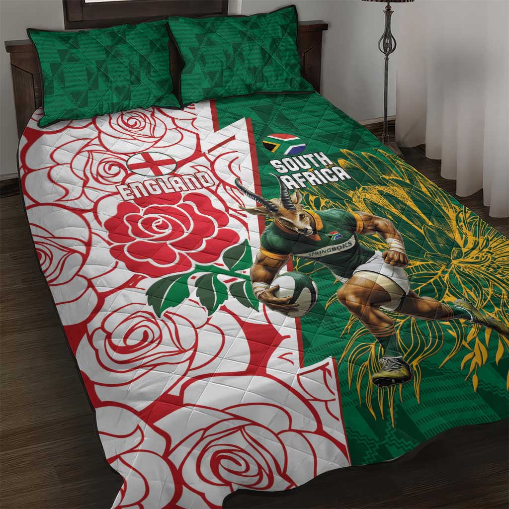 South Africa and England Rugby Quilt Bed Set Springboks Mascot With Red Rose