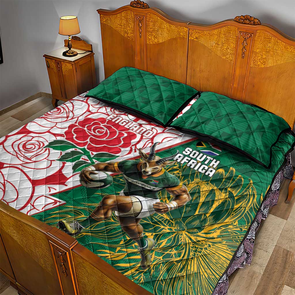 South Africa and England Rugby Quilt Bed Set Springboks Mascot With Red Rose