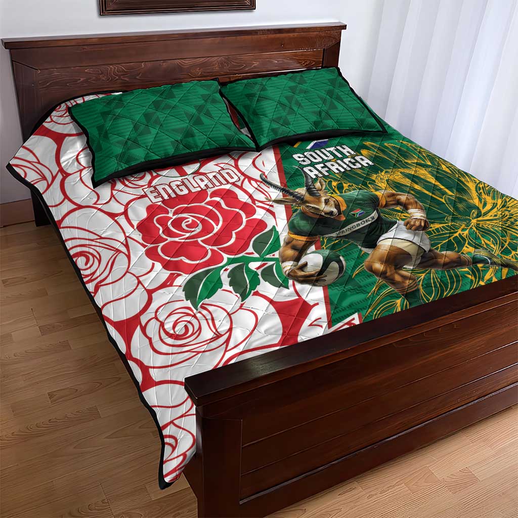 South Africa and England Rugby Quilt Bed Set Springboks Mascot With Red Rose