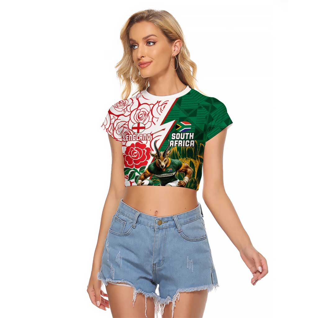 Personalized South Africa and England Rugby Raglan Cropped T Shirt Springboks Mascot With Red Rose